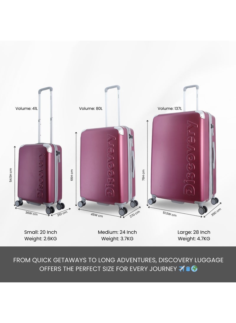Discovery - Discovery Focus ABS Hardside Travel Luggage Set, Durable Lightweight 4 Double Wheel Bag, Extra Secure Combination Lock Suitcase 3 Pcs, Expandable Trolley Small,Medium,Large(20+24+28 Inch) Purple - Image 1