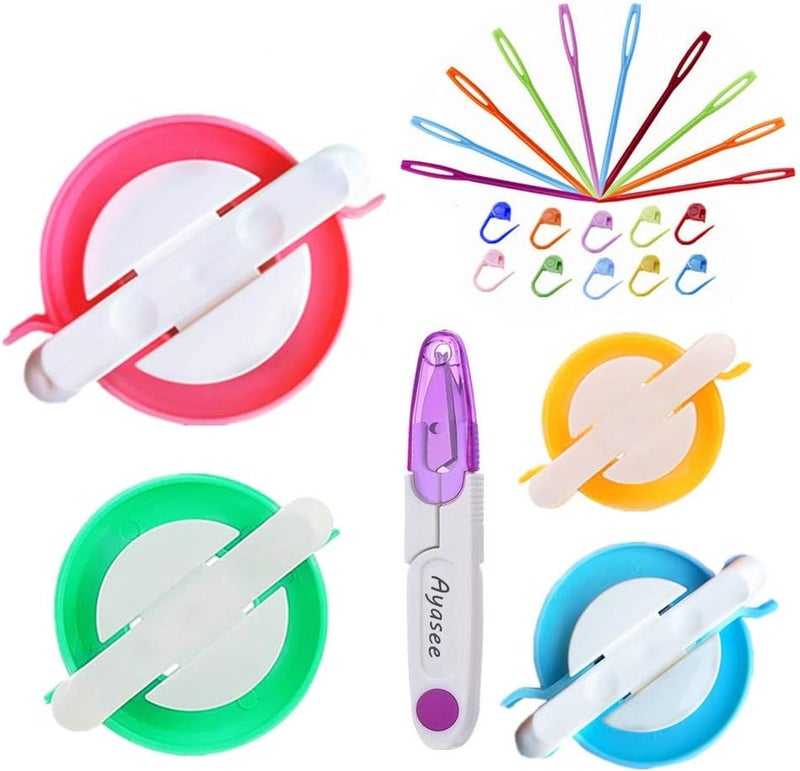 Ayasee Pompom Maker Kits, Pom pom Knitting Loom Kit Fluff Ball Weaver Needle Craft DIY Knitting Crochet Craft Tool Kit, 4PS Pompom Maker+10PS Knitting Stitch Markers+10PS Plastic Needles+1PS Scissors(25) - Image 1