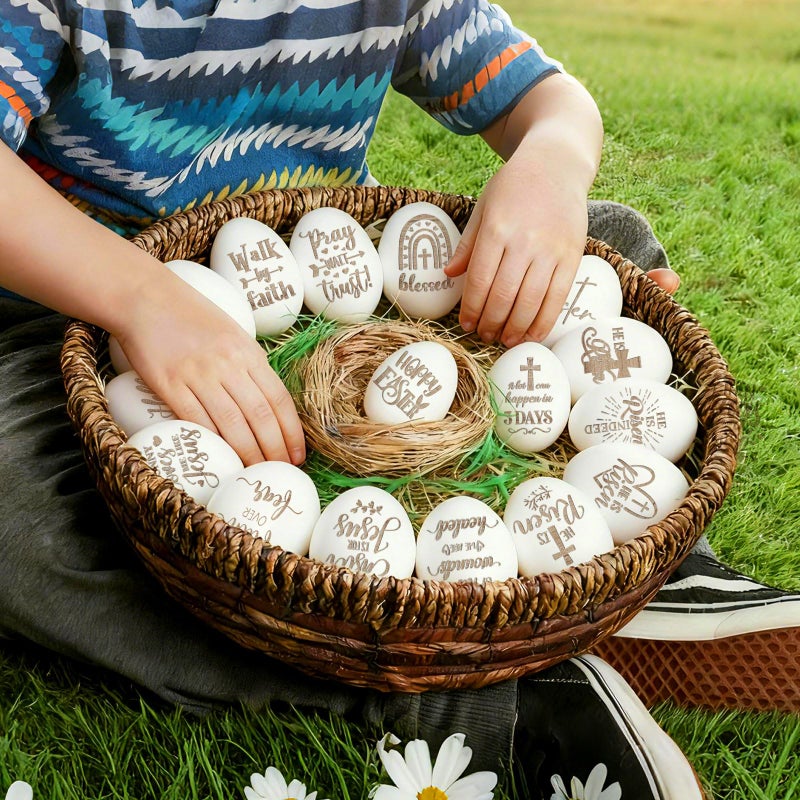Colingmill 17 Pcs Easter Eggs 2.4" Tall Wooden Laser Engraved Fake Eggs for Craft Easter Hunt Basket Stuffers Fillers Party Supplies(Colorful) - Image 4