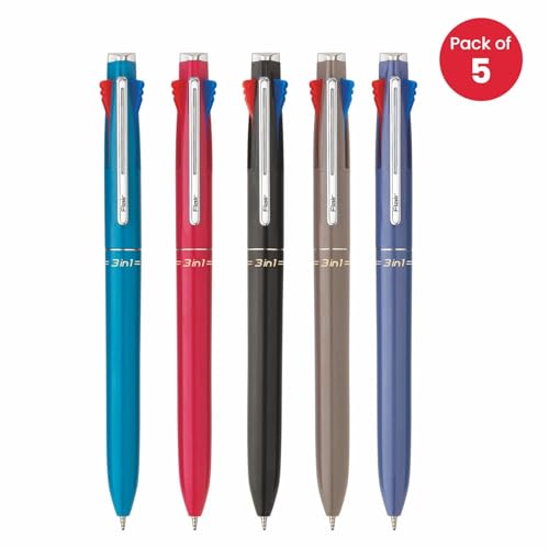 FLAIR 3 in 1 Retractable Ball Pen | 3 Ink Colors in One Pen | Multi Use Pen for Pleasant Writing Experience | Effortless Writing with Sleek Clip Design | Blue, Black & Red Ink, Pack of 5 - Image 3