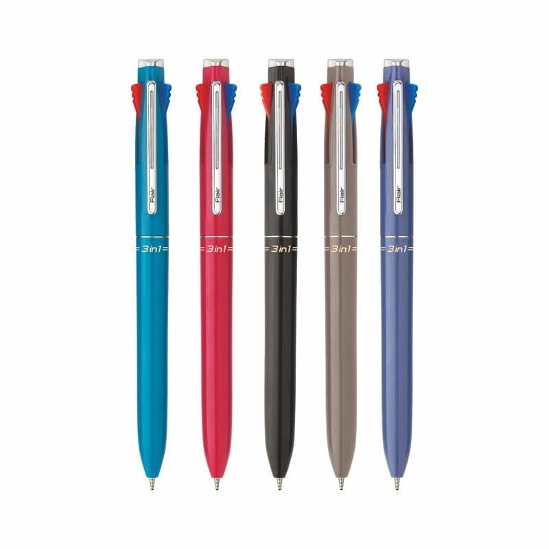 FLAIR 3 in 1 Retractable Ball Pen | 3 Ink Colors in One Pen | Multi Use Pen for Pleasant Writing Experience | Effortless Writing with Sleek Clip Design | Blue, Black & Red Ink, Pack of 5 - Image 2