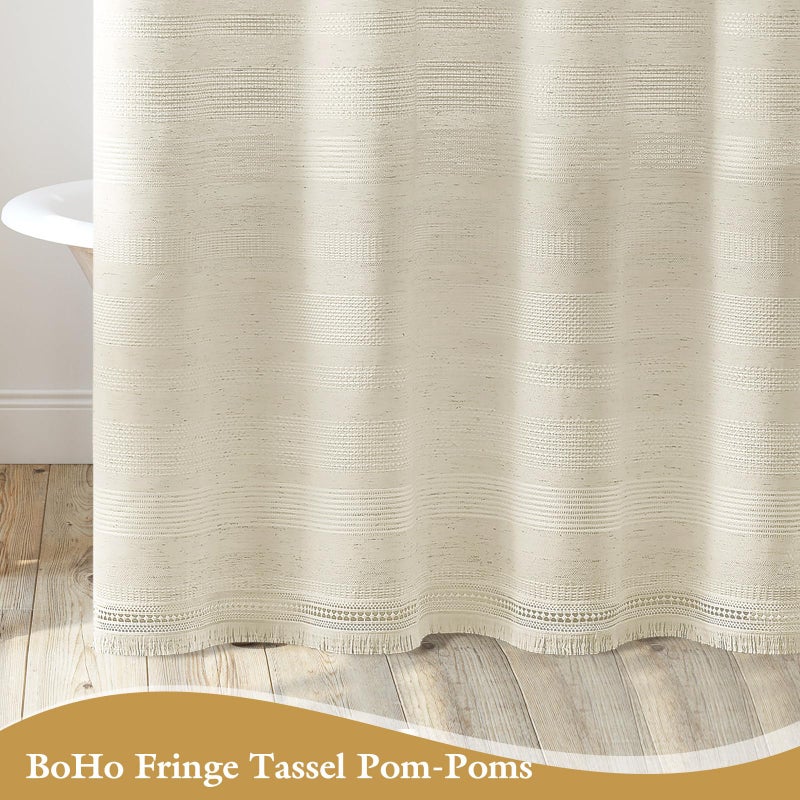 Craidlela Extra Long Boho Farmhouse Shower Curtain with Tassel, Linen Bohemian French Country Chic Bathroom Shower Curtain Set, Modern Striped Textured Shower Curtain 72x84 - Beige/Cream - Image 5