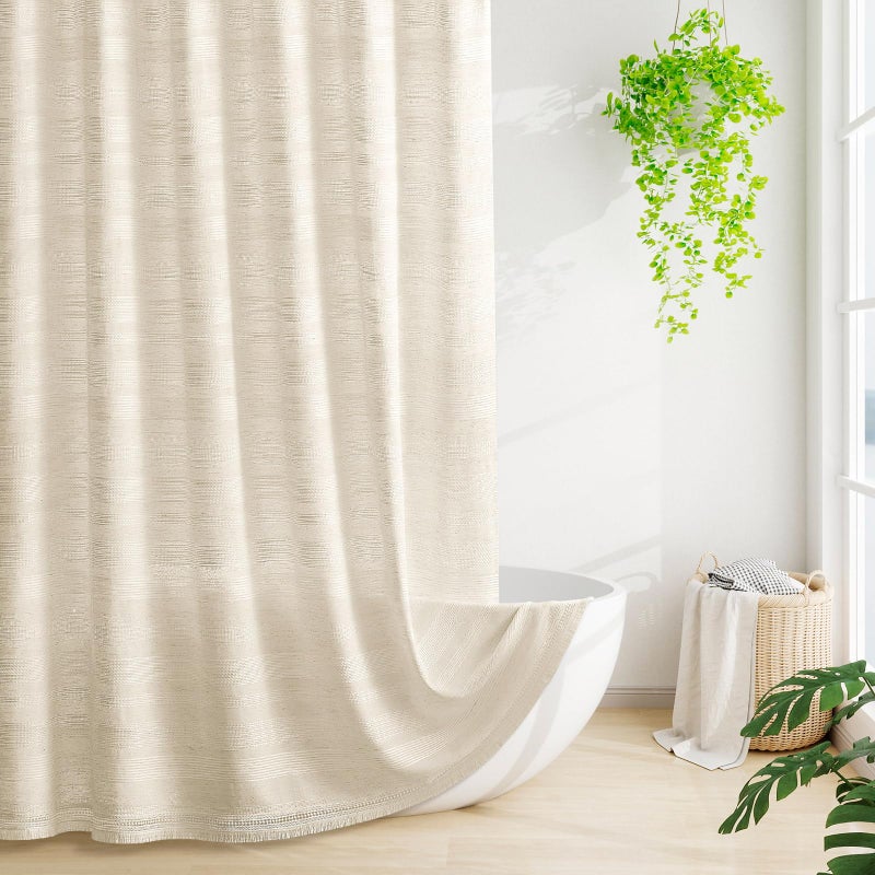 Craidlela Extra Long Boho Farmhouse Shower Curtain with Tassel, Linen Bohemian French Country Chic Bathroom Shower Curtain Set, Modern Striped Textured Shower Curtain 72x84 - Beige/Cream - Image 1