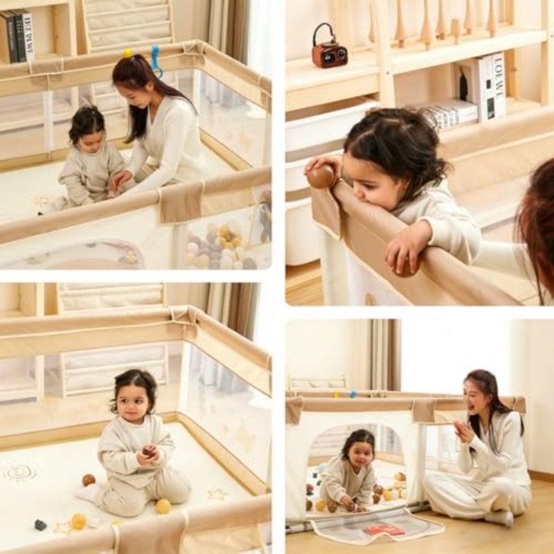 Baby Playpen with Mat - Baby and Toddler Fence, 180 x 200cm Baby Fence Play Area, Sturdy Safety Play Yard for Indoor Outdoor Fun, Play Yard with 2 Handles for Walking Playing, Khaki - Image 3