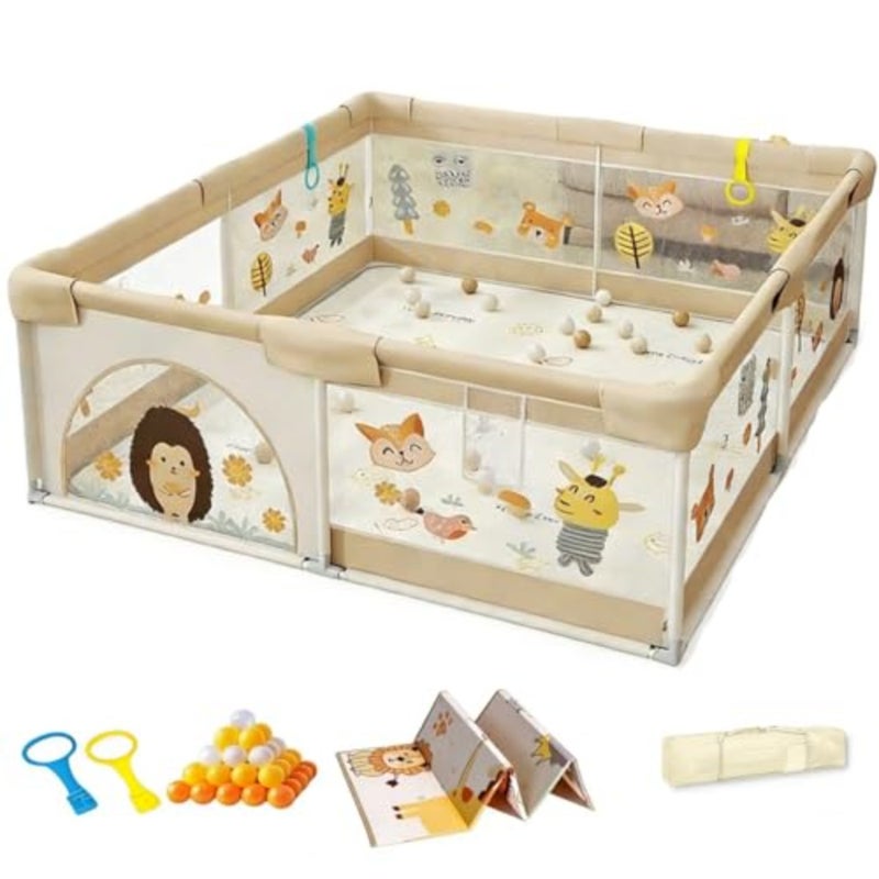Baby Playpen with Mat - Baby and Toddler Fence, 180 x 200cm Baby Fence Play Area, Sturdy Safety Play Yard for Indoor Outdoor Fun, Play Yard with 2 Handles for Walking Playing, Khaki - Image 1