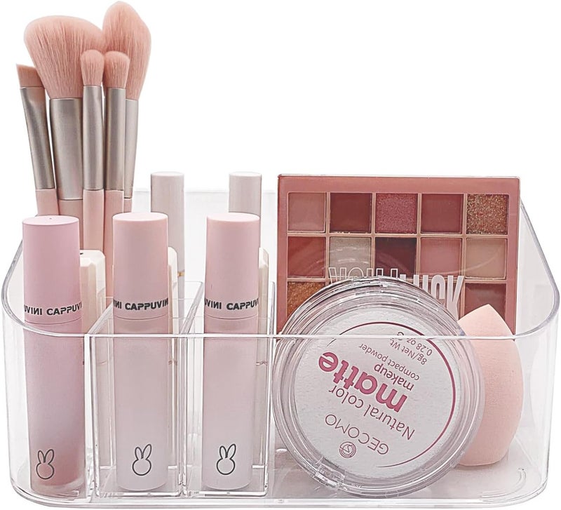 SUNFICON Makeup Tray Holder Organizer Cosmetic Display Case Tabletop Desktop Vanity Countertop Bathroom Wall Cabinet Medicine Storage Box 9 Dividers 2 Removable for Womens Ladies Girls Crystal Clear