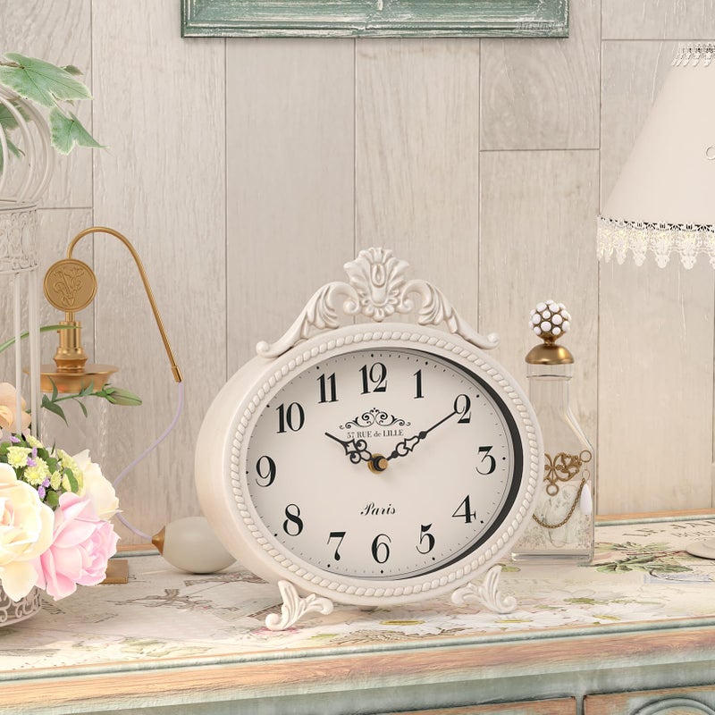 Abdurey Vintage Table Clock on Stand,Desk and Shelf Decorative Clock,French Rustic Style Mantel Clocks,Metal Frame Antique White Finish,Farmhouse,Bedroom, Bedside,Living Room,Gift Clocks - Image 3