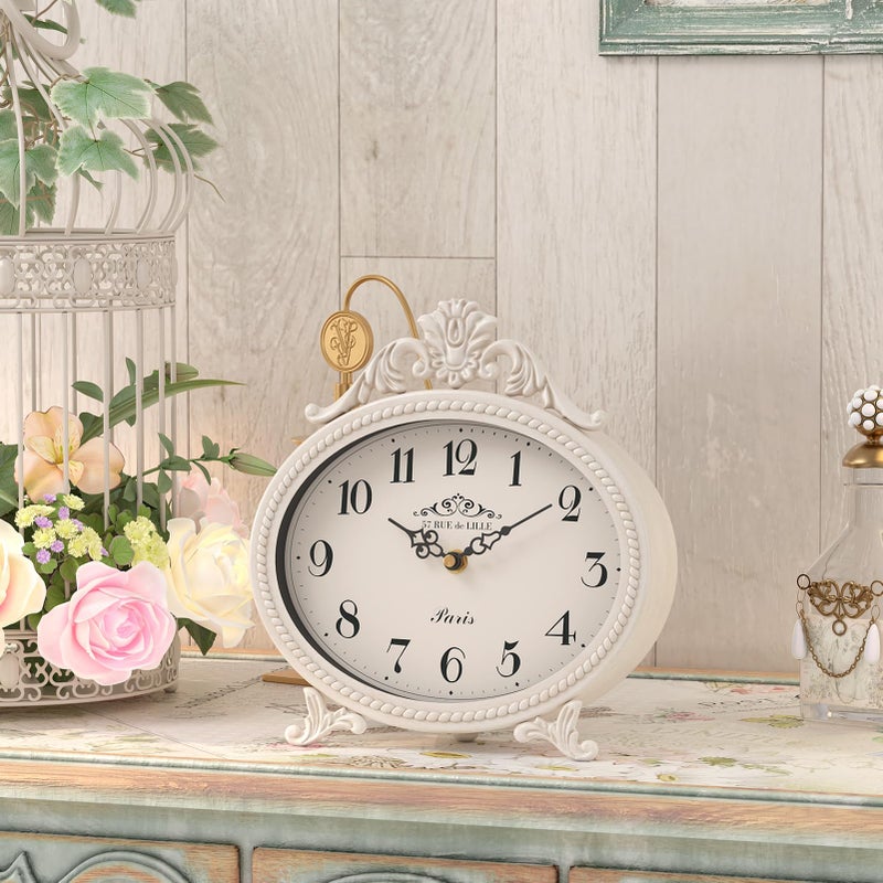 Abdurey Vintage Table Clock on Stand,Desk and Shelf Decorative Clock,French Rustic Style Mantel Clocks,Metal Frame Antique White Finish,Farmhouse,Bedroom, Bedside,Living Room,Gift Clocks - Image 5