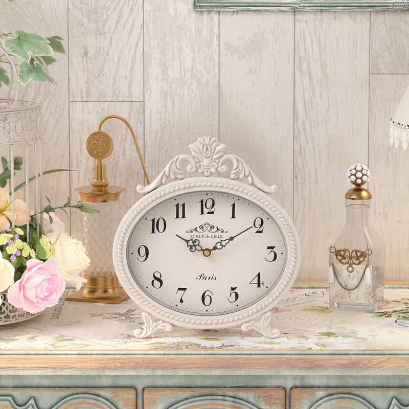 Abdurey Vintage Table Clock on Stand,Desk and Shelf Decorative Clock,French Rustic Style Mantel Clocks,Metal Frame Antique White Finish,Farmhouse,Bedroom, Bedside,Living Room,Gift Clocks - Image 4