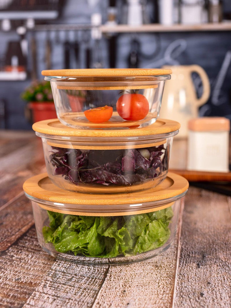 Goodhomes Round Glass Food Storage Containers with Air Tight Wooden Lid Set of 3-360ml, 560ml, 860ml - Image 1