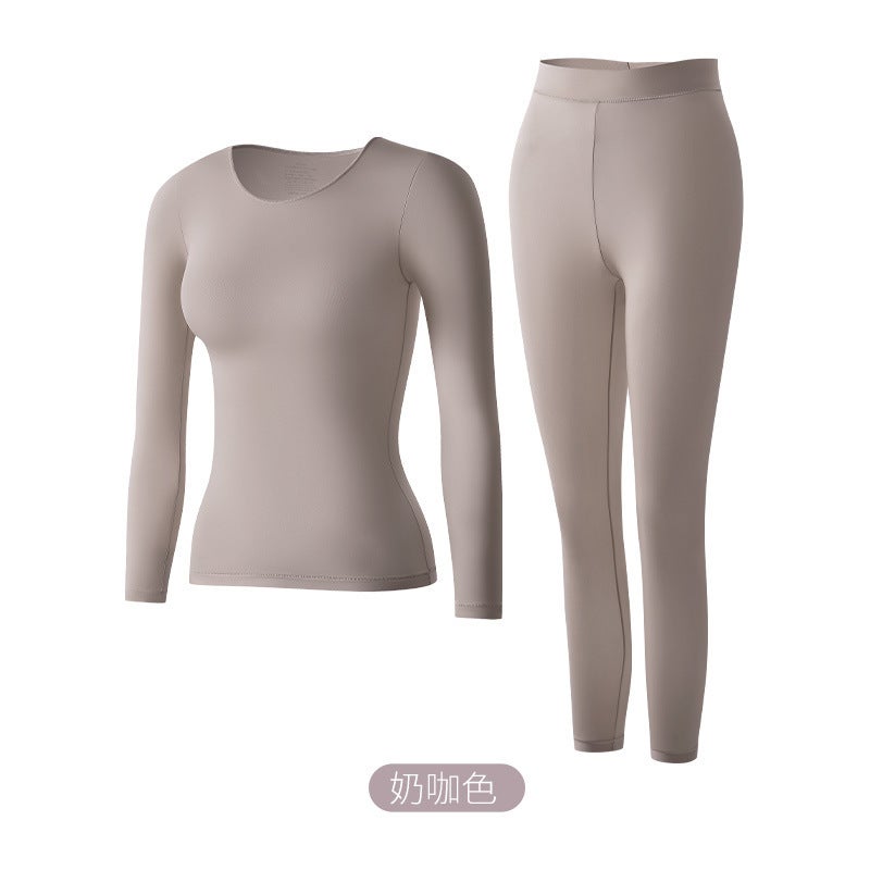 Explosions Beautiful Autumn Skin Winter Clothes High Elastic Abdominal Moisturizing Moisturizing Ultra-thin Base Thermal Underwear Top suit Women Milk coffee (set) 