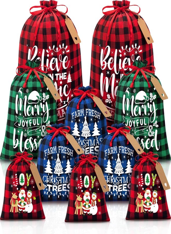 FLOE 10 PCS Christmas Drawstring Gift Bags with Tags, Buffalo Plaid Xmas Gift Bags Assorted Sizes Bulk, Cotton Fabric Holiday Gift Bag Large Medium Small Wrapping Bag for Xmas Presents Decor Party Favors - Image 1