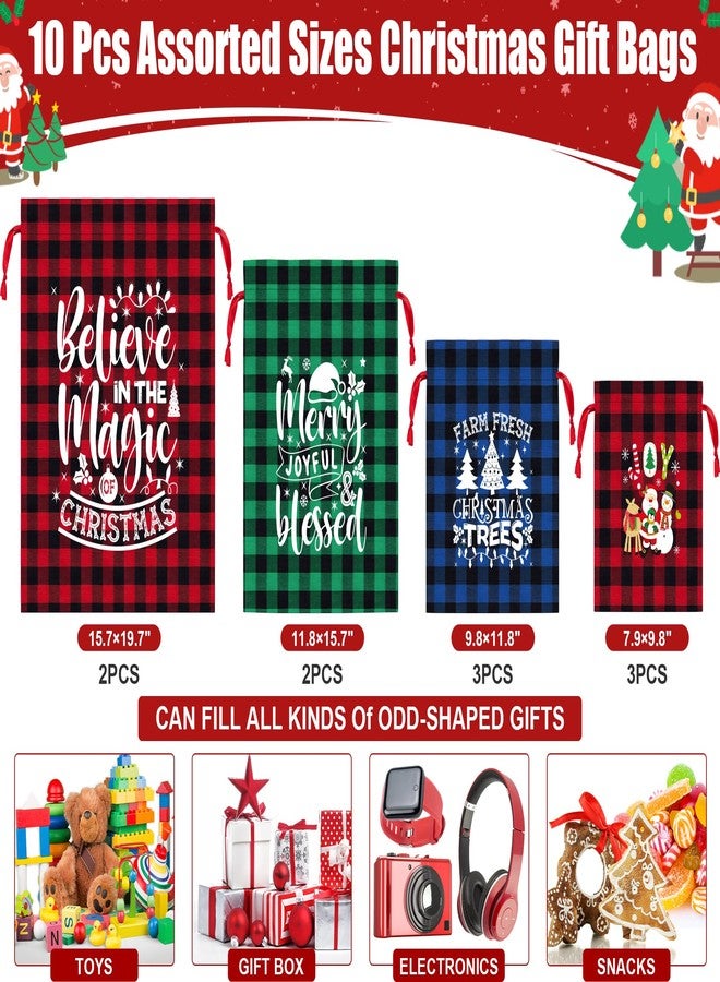 FLOE 10 PCS Christmas Drawstring Gift Bags with Tags, Buffalo Plaid Xmas Gift Bags Assorted Sizes Bulk, Cotton Fabric Holiday Gift Bag Large Medium Small Wrapping Bag for Xmas Presents Decor Party Favors - Image 2