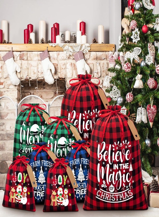 FLOE 10 PCS Christmas Drawstring Gift Bags with Tags, Buffalo Plaid Xmas Gift Bags Assorted Sizes Bulk, Cotton Fabric Holiday Gift Bag Large Medium Small Wrapping Bag for Xmas Presents Decor Party Favors - Image 4
