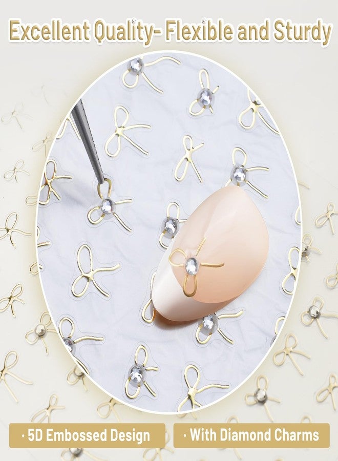 Pretty Diva PrettyDiva Bowknot Nail Stickers - 5D Shiny Metallic Gold Bow Ribbon Nail Art Stickers Decals with Rhinestone Charms, Cute Bowknot Self-Adhesive Nail Stickers Decals DIY Decoration - Image 4
