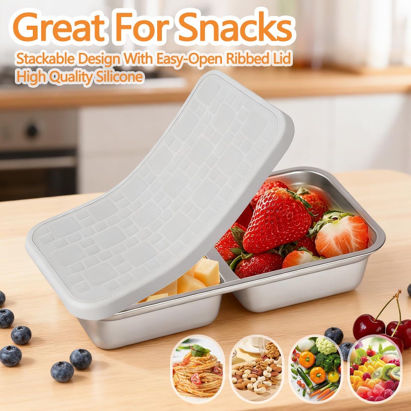 PTYTIFY 4 Pack Stainless Steel Snack Containers with Lids, 2 Compartment Snack Containers, Reusable Food Containers for Home, Travel, Outdoor - Image 3