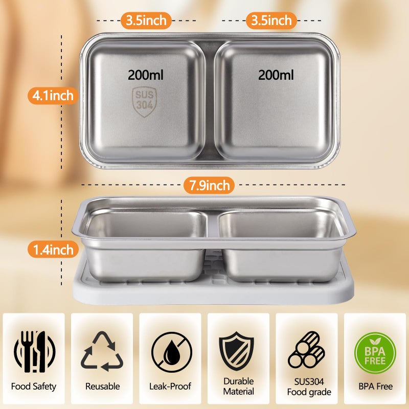 PTYTIFY 4 Pack Stainless Steel Snack Containers with Lids, 2 Compartment Snack Containers, Reusable Food Containers for Home, Travel, Outdoor - Image 2