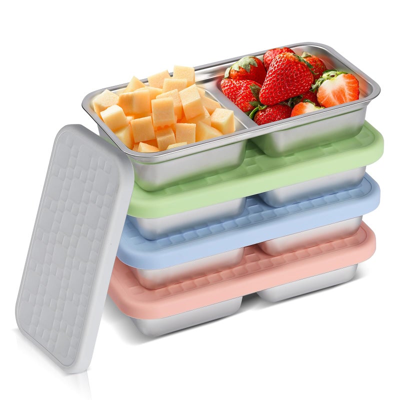 PTYTIFY 4 Pack Stainless Steel Snack Containers with Lids, 2 Compartment Snack Containers, Reusable Food Containers for Home, Travel, Outdoor - Image 1