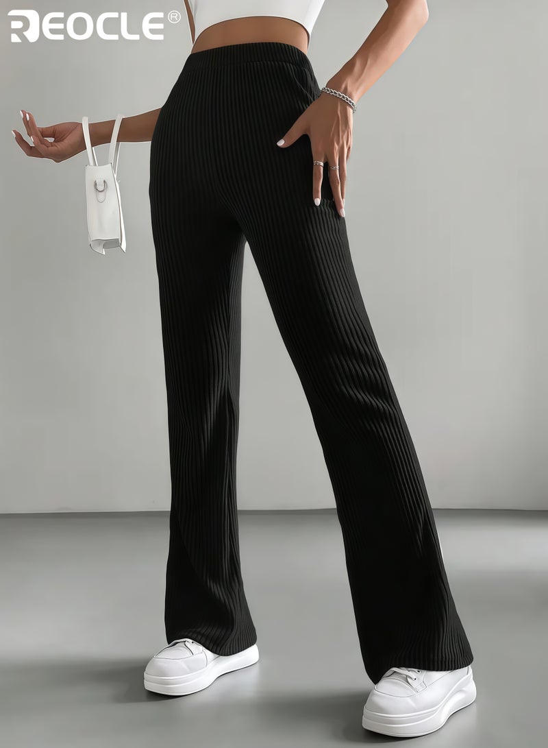 REOCLE Women's Flare Leg Pants with Ribbed Knit Design and Stretch Fit Feature Versatile Trousers with Comfortable Fabric for Spring Fall Wear - Image 2