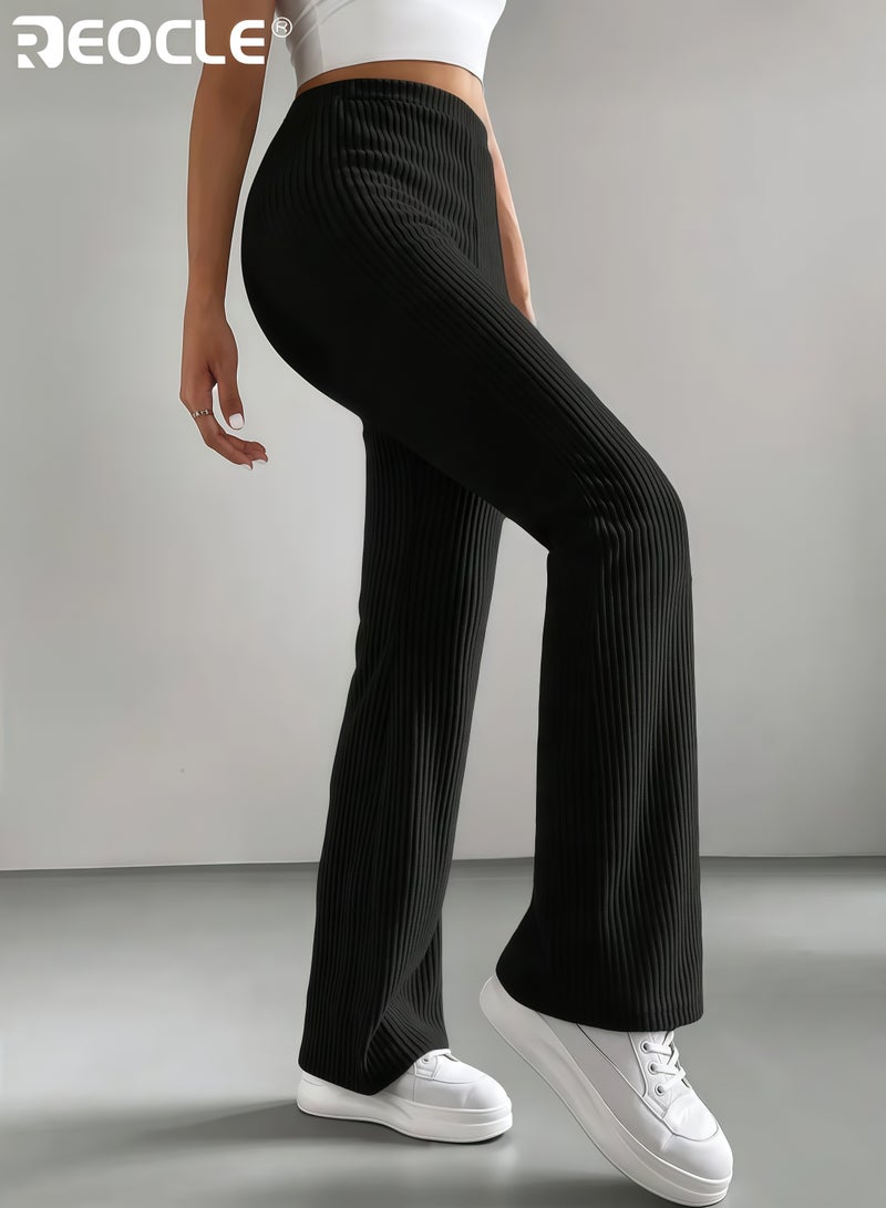 REOCLE Women's Flare Leg Pants with Ribbed Knit Design and Stretch Fit Feature Versatile Trousers with Comfortable Fabric for Spring Fall Wear - Image 5