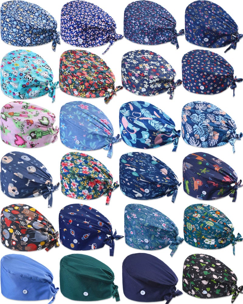 Zhanmai 24 Pieces Adjustable Working Caps with Buttons Sweatband for Women Men  Nursing Scrub Hats Gourd Shaped Tie Back Cap for Doctor Nurse Beauty Salon Caps  Cotton Headwear Printed - Image 1