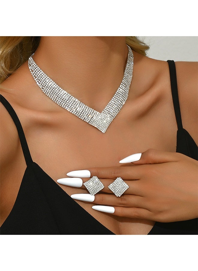 مجموعة مجوهرات من قطعتين تشمل عقد وأقراط بتصميم لامع بقطع الماس الدائرية وأحجار الراين، مجموعة مجوهرات أنيقة للنساء، هدية للحبيبة أو الزوجة أو الأم أو وصيفات العروس، ملحقات لحفلة الزفاف. - Image 2