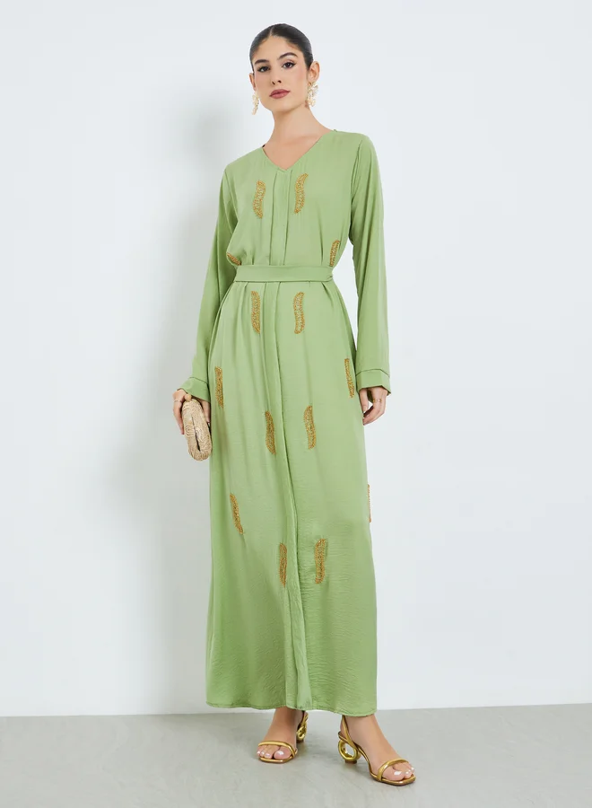 Green Beaded Panel Jalabiya with Tie-Belt