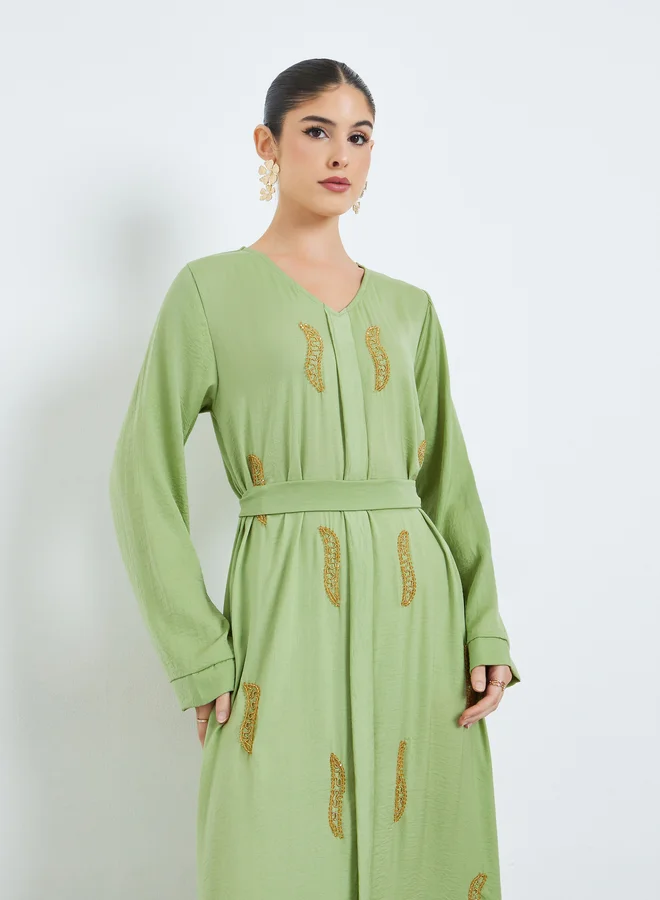 Amirah  Green Beaded Panel Jalabiya with Tie-Belt for Women | Best Price UAE