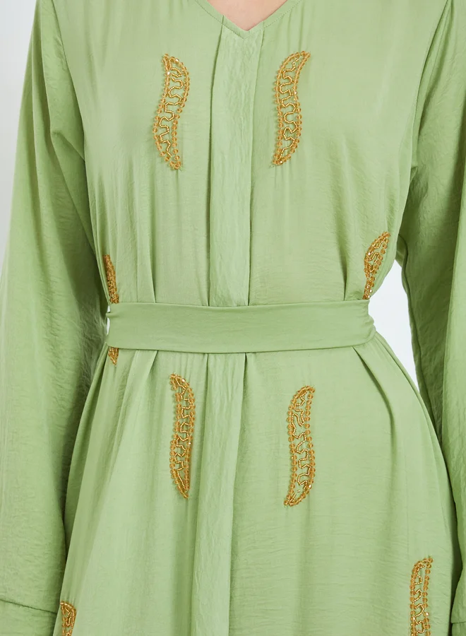 Amirah  Green Beaded Panel Jalabiya with Tie-Belt for Women | Best Price UAE