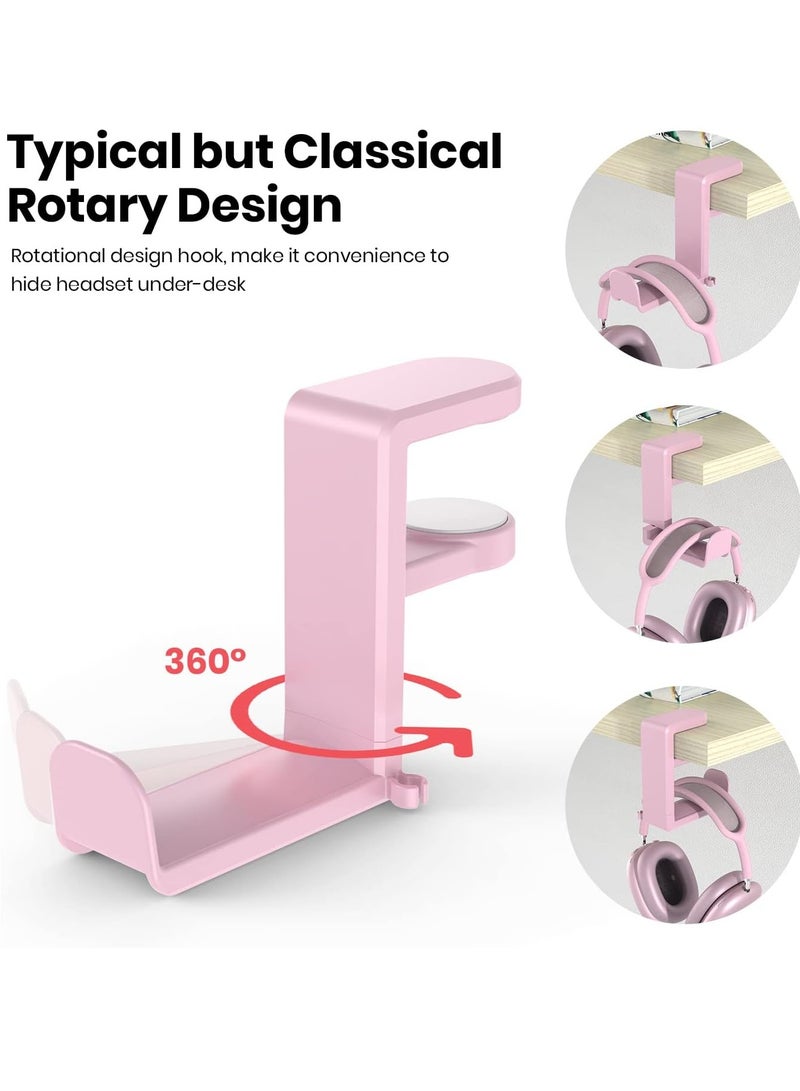 MIXDE Rotating Headphone Stand - PC Gaming Headset Stand, Adjustable Clamp-on Headphone Holder  Headphone Hanger Hook Under Desk with 360 Degree Swivel&Cable Clip Organizer Pink - Image 4