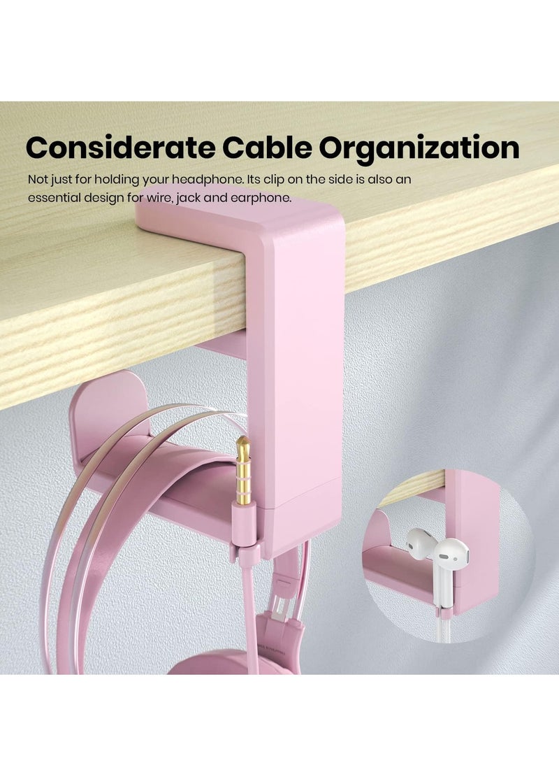MIXDE Rotating Headphone Stand - PC Gaming Headset Stand, Adjustable Clamp-on Headphone Holder  Headphone Hanger Hook Under Desk with 360 Degree Swivel&Cable Clip Organizer Pink - Image 5