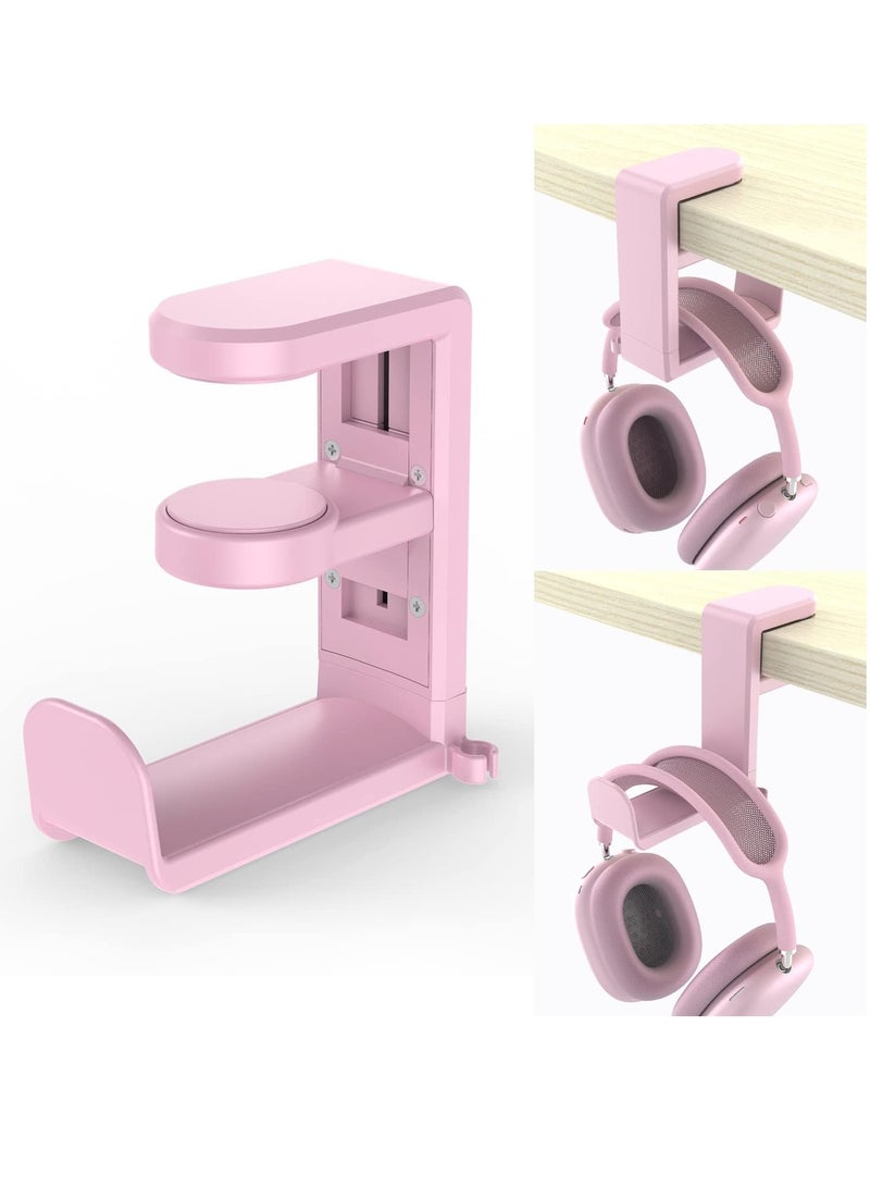 MIXDE Rotating Headphone Stand - PC Gaming Headset Stand, Adjustable Clamp-on Headphone Holder  Headphone Hanger Hook Under Desk with 360 Degree Swivel&Cable Clip Organizer Pink - Image 1