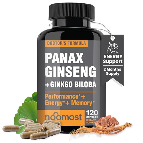 NooMost Authentic Korean Red Panax Ginseng Ginkgo Biloba 120 Vegan Capsules Ginseng Root Extract Powder 1000mg 10 Ginsenosides Gingko Biloba 60mg Energy and Focus Pills for Men and Women