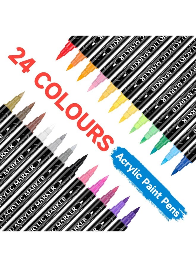 YelaJoy Acrylic Paint Pens, Arts and Crafts for Kids, 24 Colours Dual Tip Acrylic Markers for Rock Painting Stone Glass Ceramic Wood Metal, Round & Brush Tip Water Based Acrylic pens - Image 2