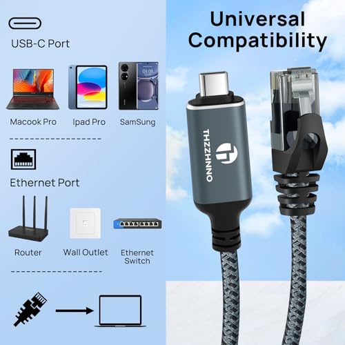 Thzzhnno USB C to Ethernet Cable 3.3FT, Type C to RJ45 Gigabit LAN Network Cord,Directly Connected,Thunderbolt 3/4 Compatible for MacBook Pro/Air, iPad Pro, iPhone 15 Series,Galaxy S24,Windows - Image 2