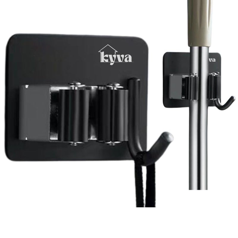 KYVA 2 pieces Wall Mounted Stainless Steel Broom Holder Heavy Duty SelfAdhesive Broom and Mop Holder for Home Kitchen Garden Laundry Garage Black - Image 1