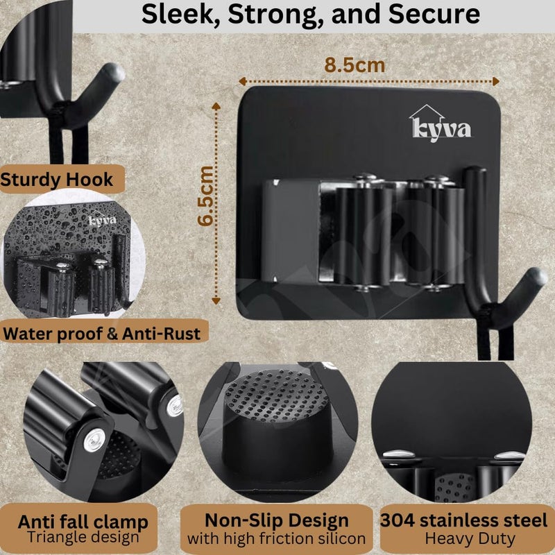 KYVA 2 pieces Wall Mounted Stainless Steel Broom Holder Heavy Duty SelfAdhesive Broom and Mop Holder for Home Kitchen Garden Laundry Garage Black - Image 2