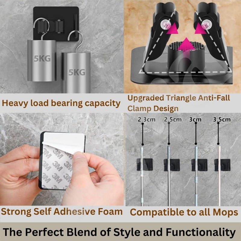 KYVA 2 pieces Wall Mounted Stainless Steel Broom Holder Heavy Duty SelfAdhesive Broom and Mop Holder for Home Kitchen Garden Laundry Garage Black - Image 3