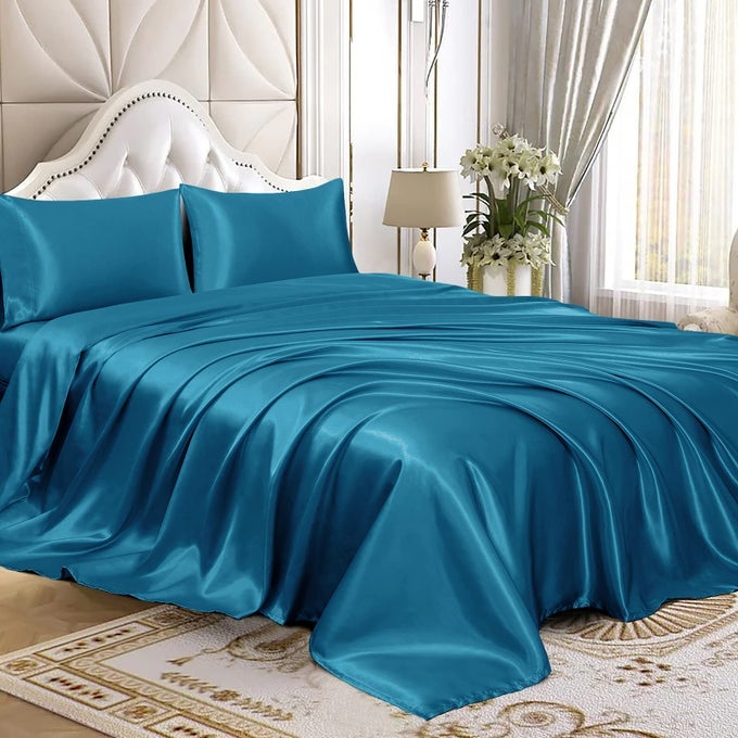 4PCS SATIN SHEETS SET LUXURY SILKY SATIN BEDDING SET WITH DEEP POCKET 1 FITTED SHEET 1 FLAT SHEET 2 PILLOWCASES QUEEN SIZE LAKE BLUE