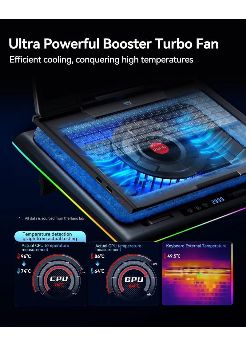 KASTWAVE - RGB Laptop Cooling Pad with Powerful Turbofan, Gaming Laptop Cooler Radiator with Infinitely Variable Speed, Touch Control, LCD Screen, 3-Port USB Hub, Seal Foam for Rapid Cooling Laptop 15-19in - Image 1