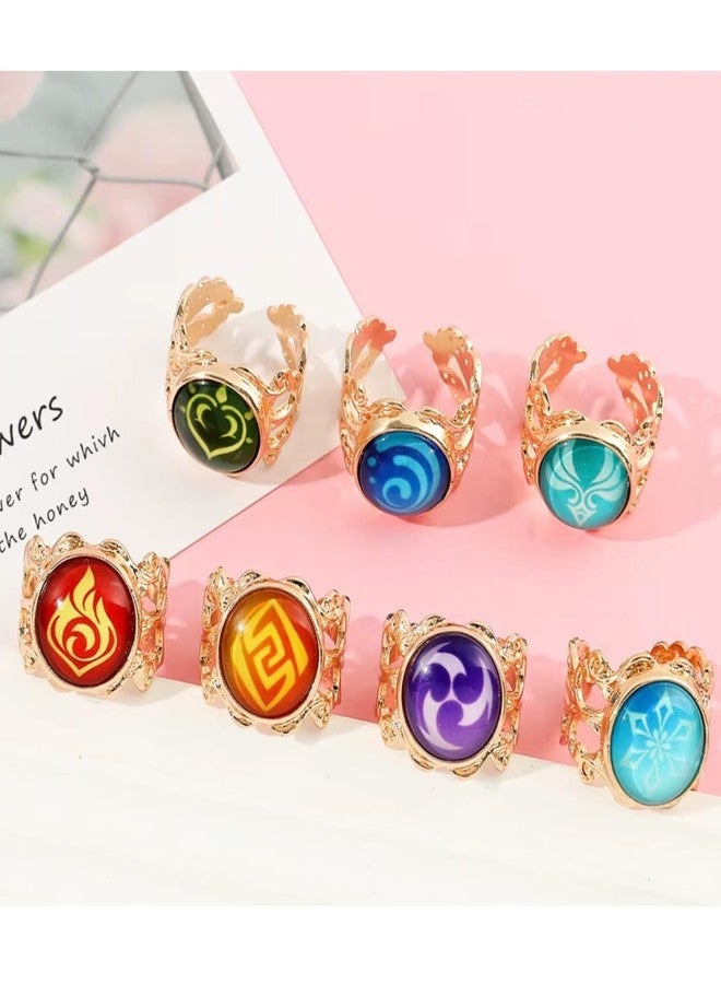 retsamradassaT Genshin Vision Impact Adjustable Cosplay Costume Rings, Set of 7 Elemental Anemo Geo Electro Dendro Hydro Cryo Pyro Element - Image 2