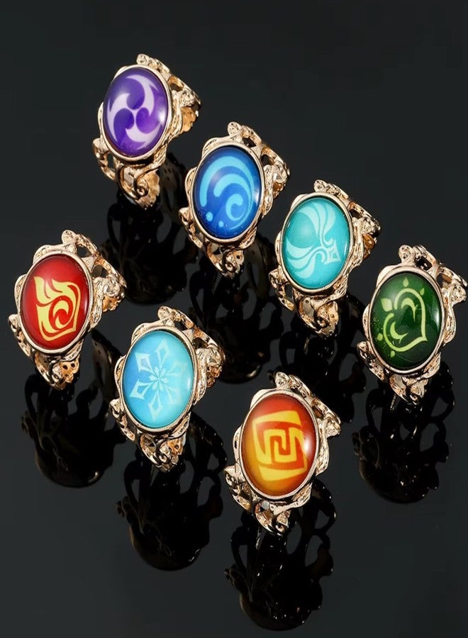 retsamradassaT Genshin Vision Impact Adjustable Cosplay Costume Rings, Set of 7 Elemental Anemo Geo Electro Dendro Hydro Cryo Pyro Element - Image 5