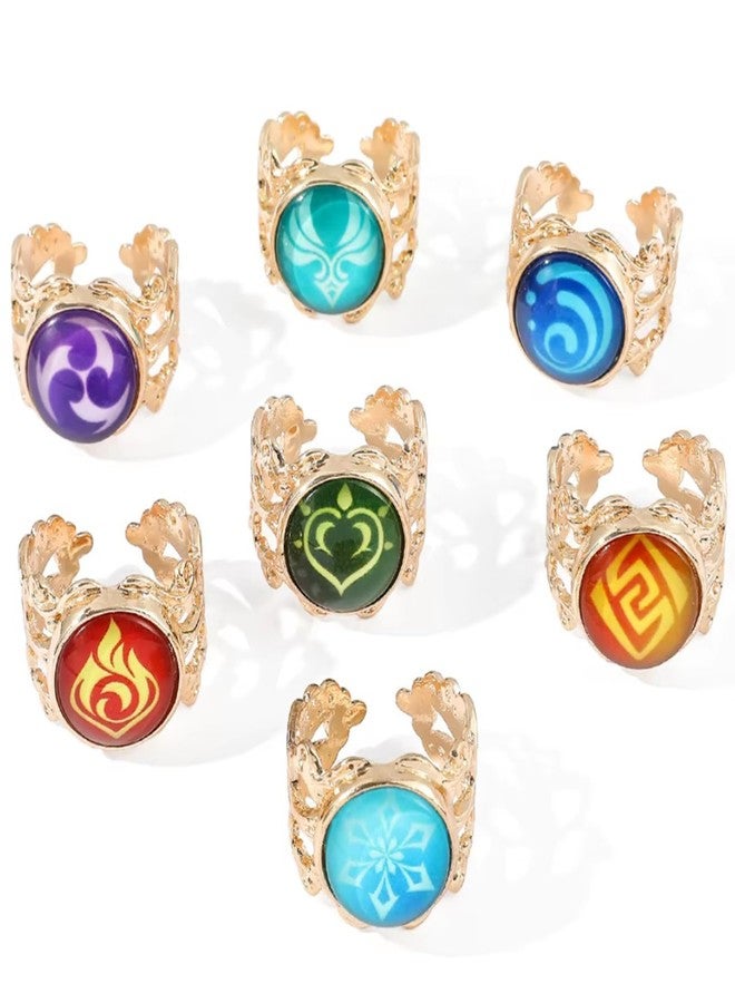 retsamradassaT Genshin Vision Impact Adjustable Cosplay Costume Rings, Set of 7 Elemental Anemo Geo Electro Dendro Hydro Cryo Pyro Element - Image 1