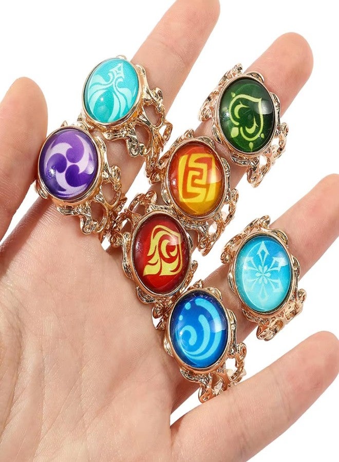 retsamradassaT Genshin Vision Impact Adjustable Cosplay Costume Rings, Set of 7 Elemental Anemo Geo Electro Dendro Hydro Cryo Pyro Element - Image 3