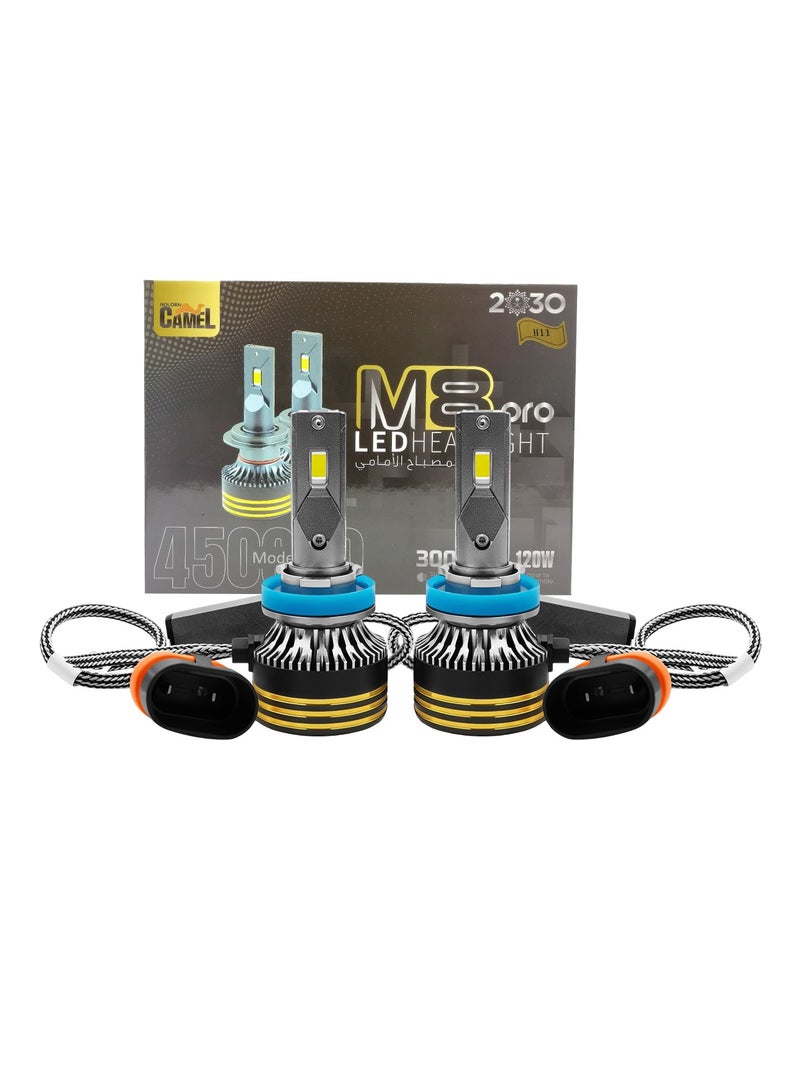 جولدن كامل مصابيح أمامية LED M8 Pro من GOLDEN CAMEL H11، 120 واط، 15000 لومن، 6500 كلفن، مقاومة للماء IP65، سطوع +500%، مدى +150%، توصيل وتشغيل، عمر افتراضي 30000 ساعة - Image 1