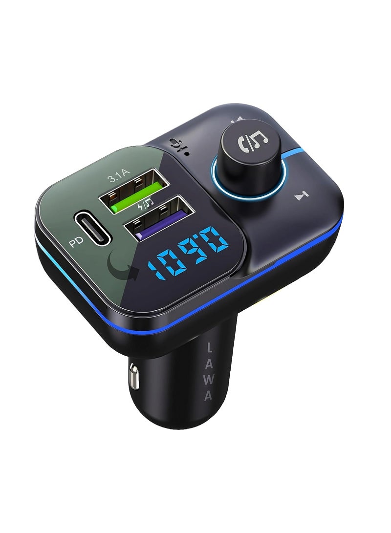 FM Transmitter Bluetooth Car Fast Charger Adapter, Bluetooth 5.3 Car Adapter, QC3.1 & Type-C USB Car Charger Ports, Hands-Free Calling, Display TF Card USB Music Player - Image 1