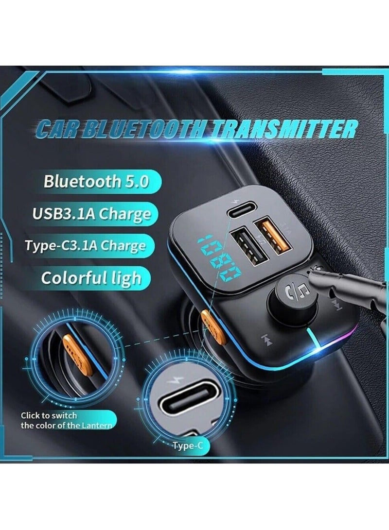 FM Transmitter Bluetooth Car Fast Charger Adapter, Bluetooth 5.3 Car Adapter, QC3.1 & Type-C USB Car Charger Ports, Hands-Free Calling, Display TF Card USB Music Player - Image 2
