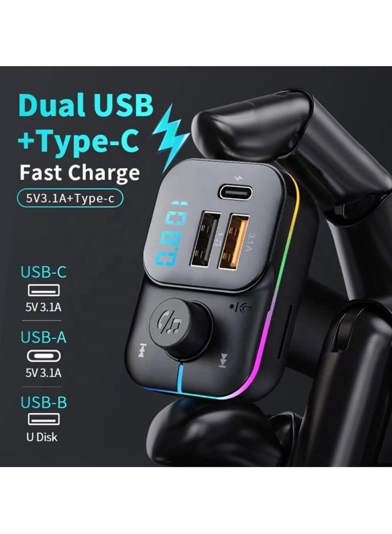 FM Transmitter Bluetooth Car Fast Charger Adapter, Bluetooth 5.3 Car Adapter, QC3.1 & Type-C USB Car Charger Ports, Hands-Free Calling, Display TF Card USB Music Player - Image 3