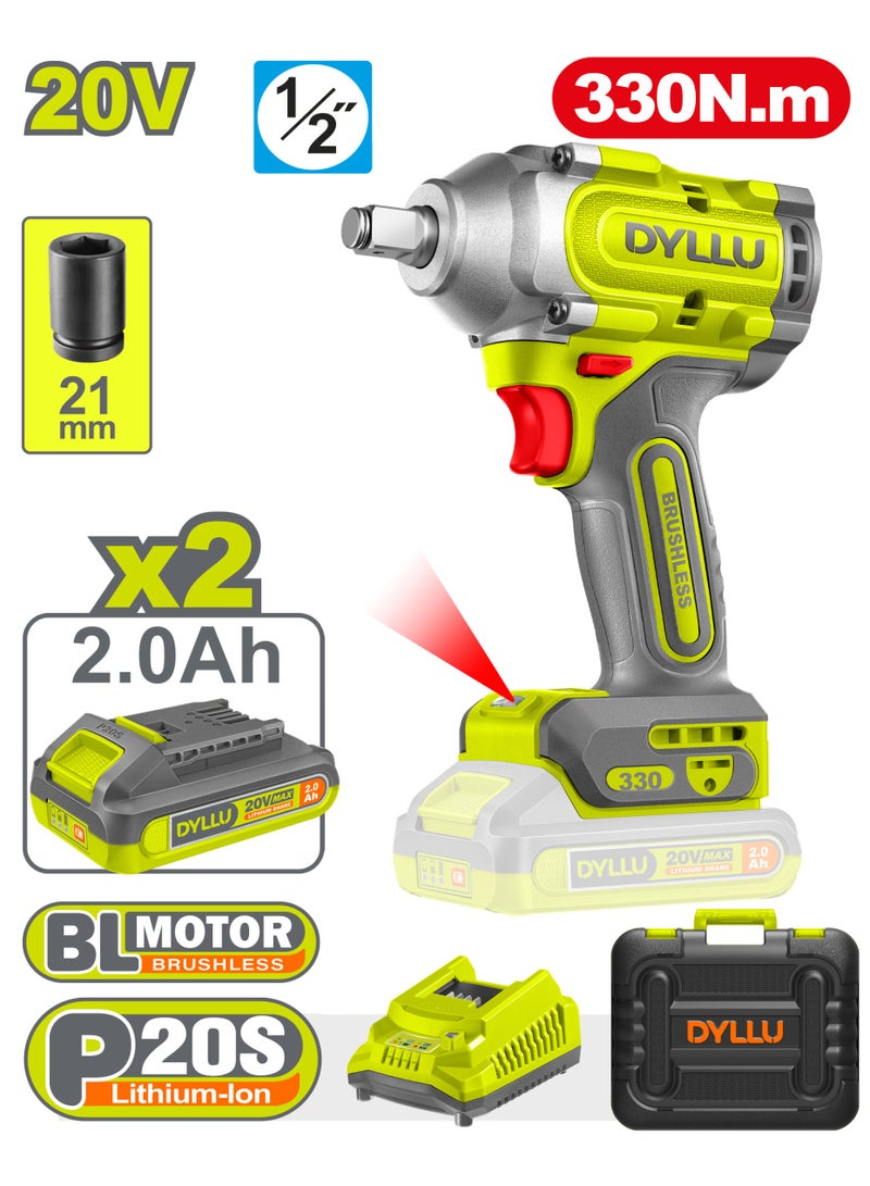 DYLLU 20V Cordless Brushless Impact Wrench, 330Nm High Torque, 2×2.0Ah Batteries with Case - Image 1