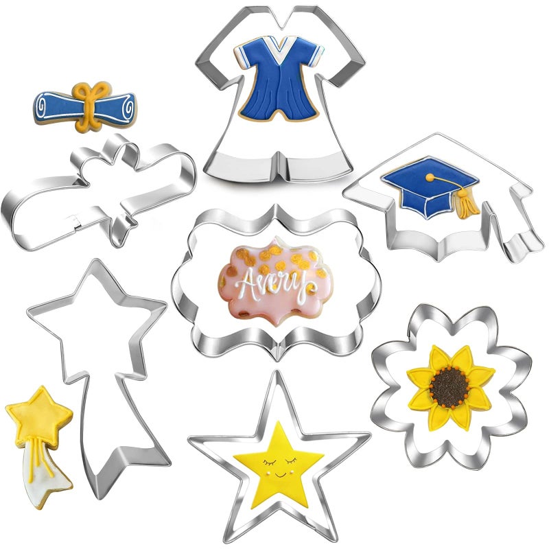 LUBTOSMN Graduation Cookie Cutter Set-7 Piece-Graduation Cap  Gown  Diploma  Sunflower  Star  Shooting Star and Plague Cookie Biscui Cutters for 2024 Graduation Celebration Party (7) - Image 1